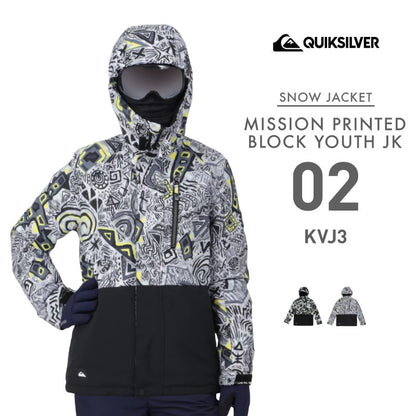 QUIKSILVER/クイックシルバー ジュニア スノージャケット MISSION PRINTED BLOCK YOUTH JK 2024-25 SNOW EQBTJ03196 スキーウェア スノーウェア スノボウェア ボードウェア フード かっこいい 防寒 アウター 上着 ジャケット ジュニア 子供用 こども用 男の子用 女の子用