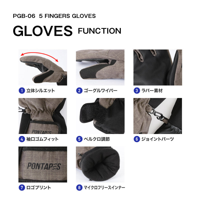 スノーボード グローブ メンズ レディース スノボ スキー スノー 手袋 5本指 防水 防寒 撥水 防風 PONTAPES/ポンタぺス PGB-06 [メール便対応]