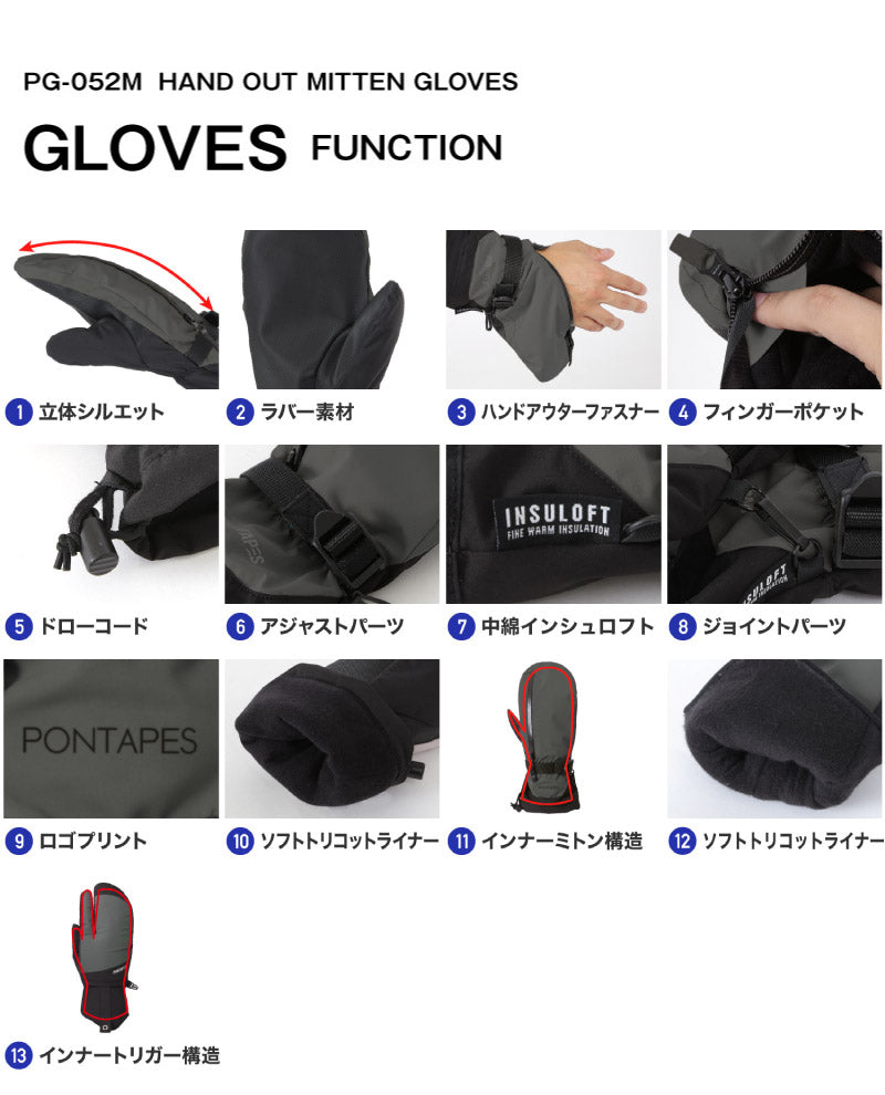 HAND OUT 防水ミトングローブ ブラック スノーボード グローブ メンズ レディース スノボ スキー スノー 手袋