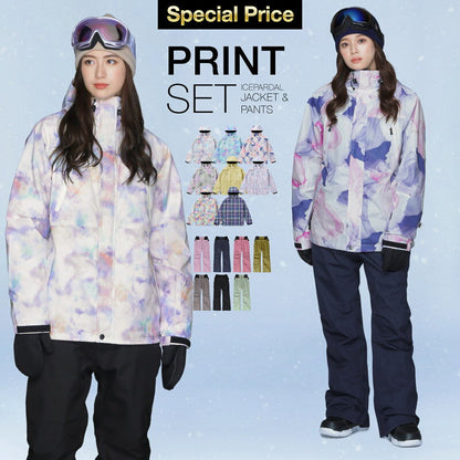 Print Pattern Top and Bottom Set Snowboard Wear Ladies ICEPARDAL ISET-51 