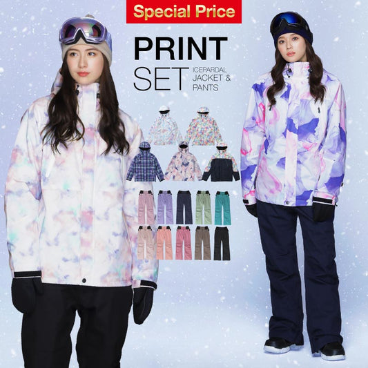 Print Pattern Top and Bottom Set Snowboard Wear Ladies ICEPARDAL ISET-51 