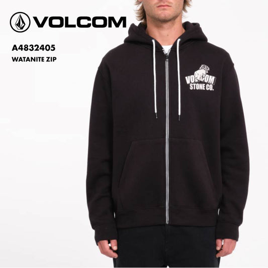 VOLCOM/ボルコム メンズ ジップパーカー WATANITE ZIP 2024 FALL A4832405 フルジップ フリース スクリーンプリント バックプリント ドローコード クラシックフィット フード付き フーディ 防寒 秋冬 男性用