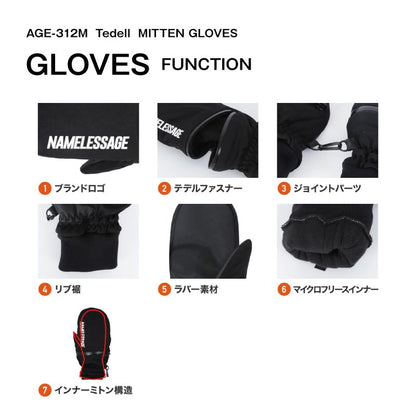 スノーグローブ ミトングローブ メンズ レディース スノーボード スノボ スキー  ハイボラ 手が出る スマホ操作 撥水 防風 止水ファスナー 保温 インナーグローブ付 namelessage/ネームレスエイジ AGE-312M メール便発送
