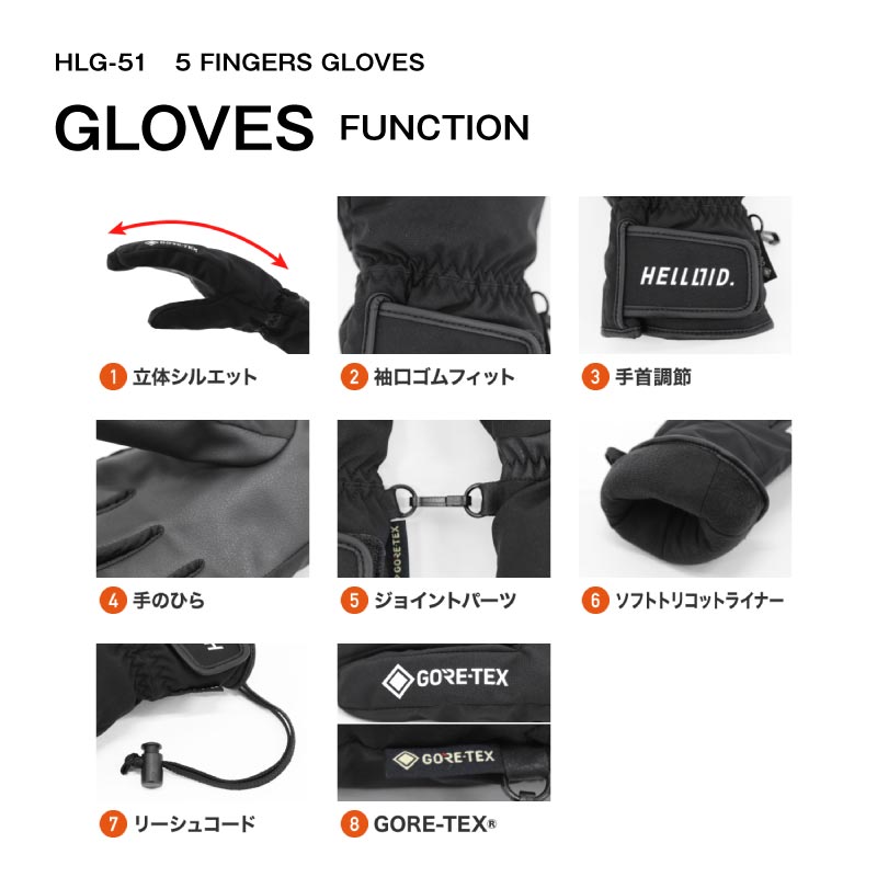 新作 11月下旬納期 ゴアテックス スノーグローブ 5本指 メンズ レディース スノーボード スノボ スキー  GORE-TEX 撥水 防風 保温 リーシュコード付 26-27 HELLOID/ヘルロイド HLG-51
