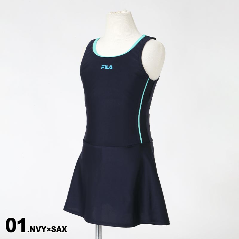 FILA/フィラ キッズ スクール水着 Aライン ワンピース 113965 水着 みずぎ スイムウェア スカート パッド付き 学校用 プール 女子用 ジュニア 子供用 こども用 女の子用[メール便発送 23SS-05]