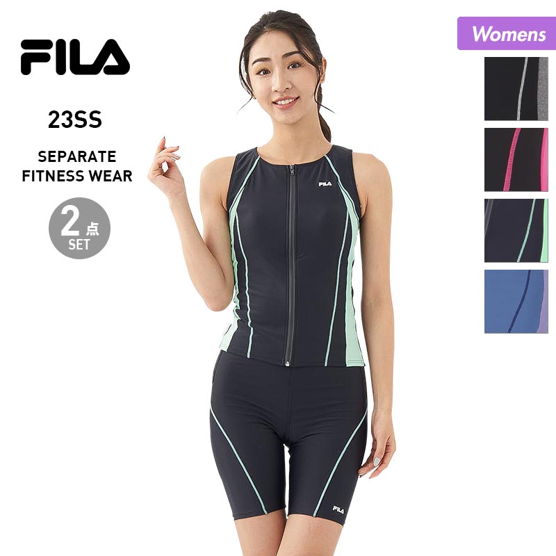 FILA Women's Separate Fitness Swimsuit Top and Bottom 2 Piece Set 313202 Swimwear Zip-up Top and Bottom Set Top and Bottom Set With Anti-turning Pad For Gym Yoga Swimming Women [Mail Delivery 23SS-08] 